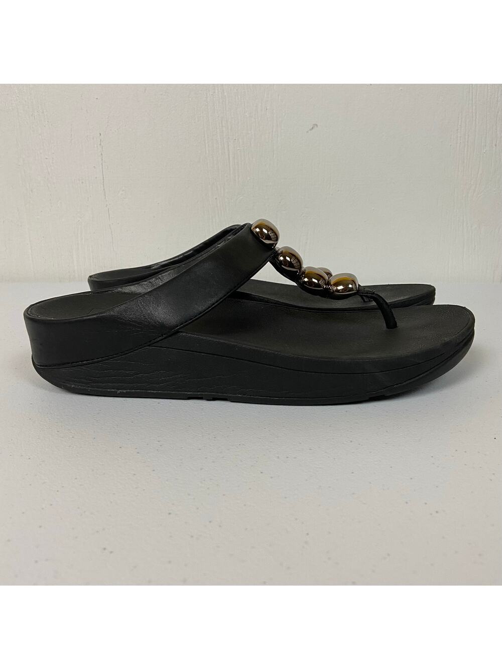 FitFlop Rola Leather Black Silver Toe Post Thongs Slide Sandals Women's Size 9